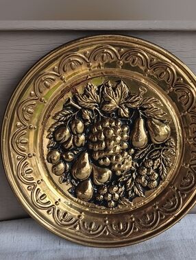 Vintage 60's Embossed Brass Fruit 10"  Wall Plate.
